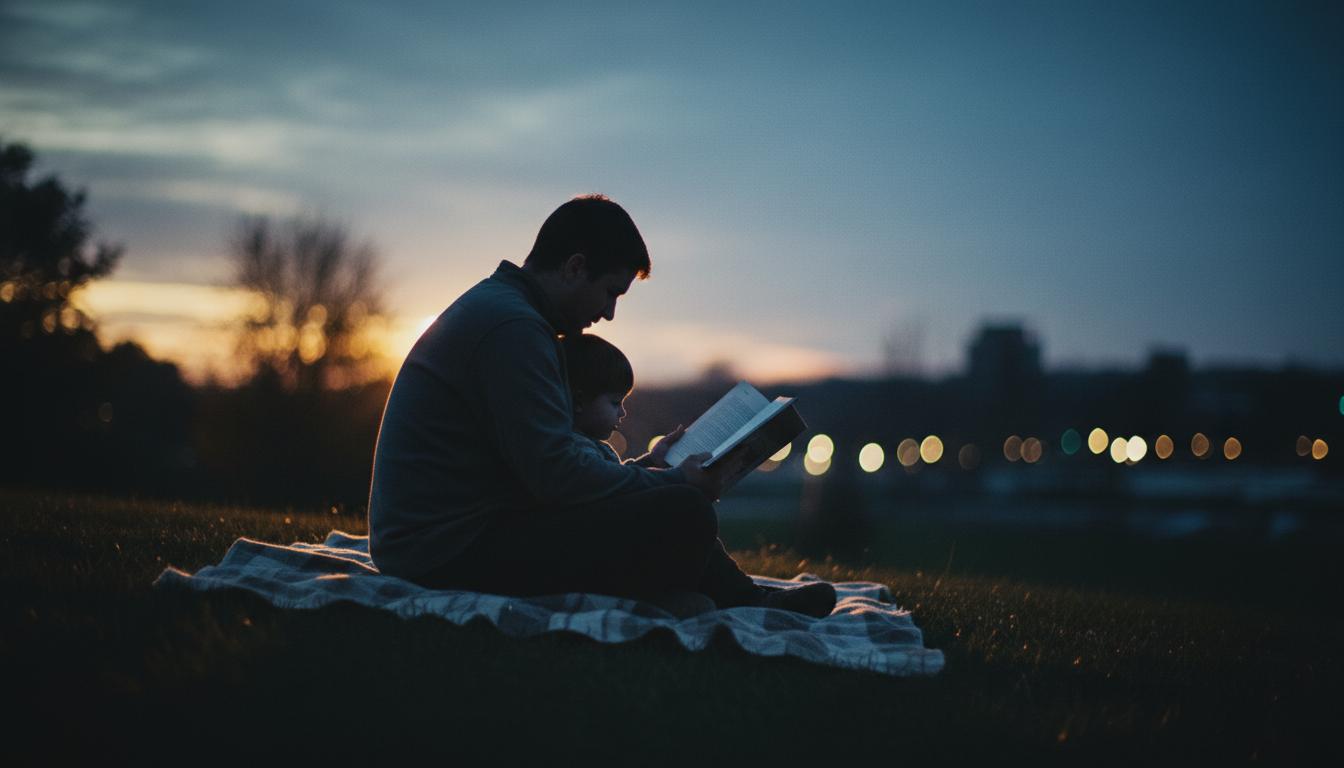 Parent reading to child at twilight